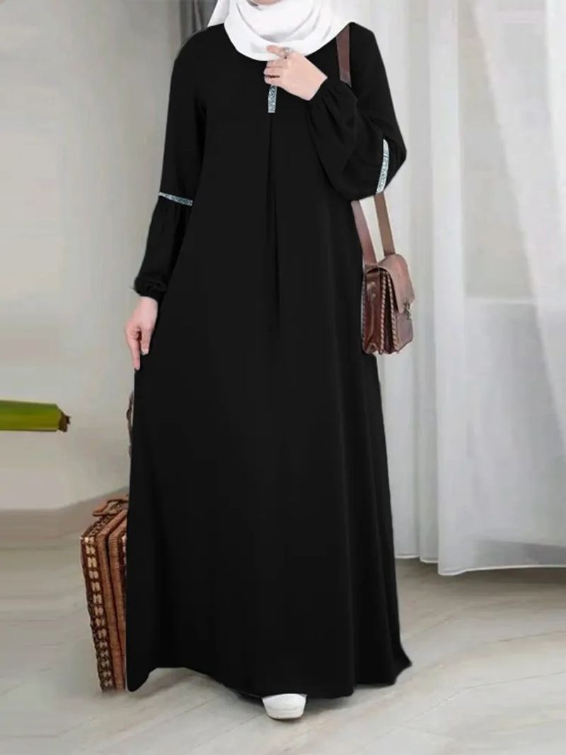 Women's clothes Stylish Long Sleeve Muslim Abaya Dress Casual Sequin Sundress Solid Outfit_voghion.com