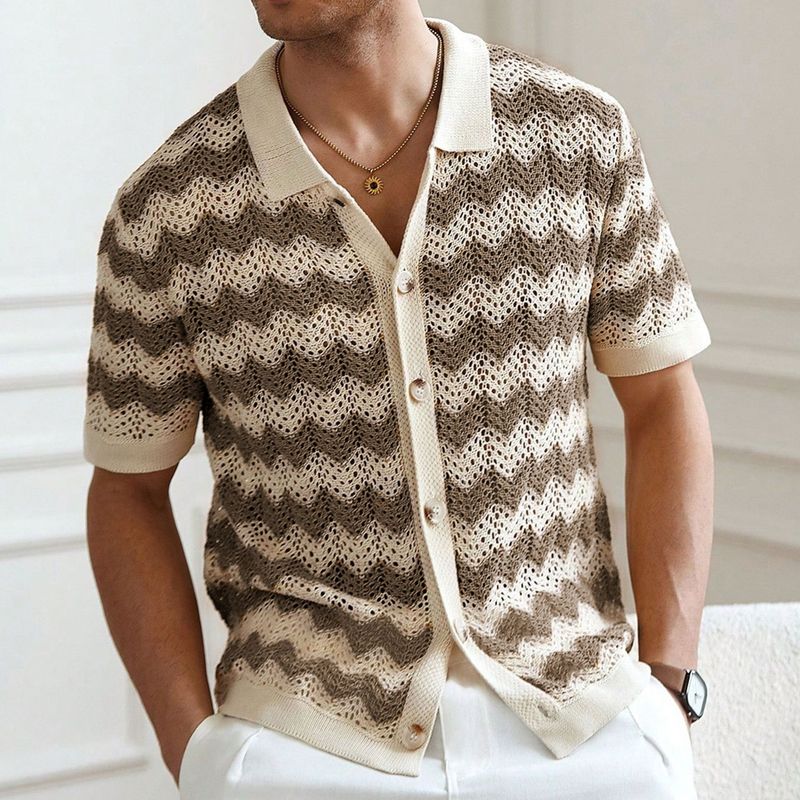 ​​Leichte Strickjacke für Herren mit Spitzen-Jacquardmuster, kurzärmliges Sommerhemd mit offener Vorderseite, atmungsaktive und stilvolle Freizeitkleidung​_voghion.com