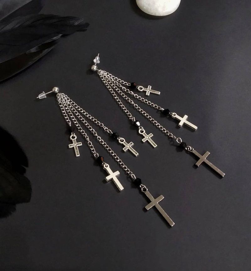 Clip per orecchini a croce con frange scure vintage_voghion.com