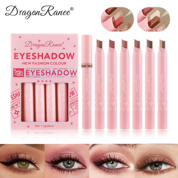 Set de 6 sombras de ojos en lápiz de dos colores: aplicación en una sola pasada, iluminador integrado para debajo de los ojos y sombras en barra con degradado Lazy Makeup._voghion.com
