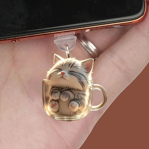 Glass Tea Cup Cat 2D Acrylic Phone Dust Plug Hanging Decoration Pendant Type-C Android Universal_voghion.com