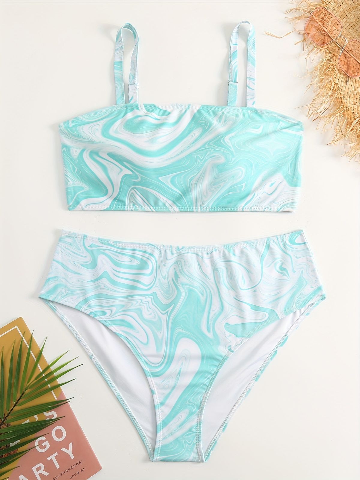 Bikini-Set mit hoher Taille in Übergröße – Badeanzug mit Blumenmuster und Punkten für Damen, Bauchkontrolle, zweiteilige Bademode mit verstellbaren Bändern_voghion.com