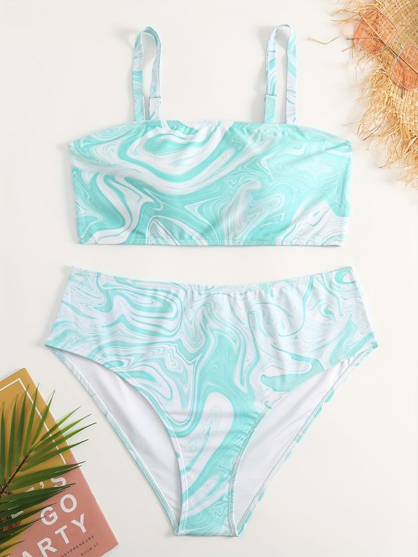 Bikini-Set mit hoher Taille in Übergröße – Badeanzug mit Blumenmuster und Punkten für Damen, Bauchkontrolle, zweiteilige Bademode mit verstellbaren Bändern_voghion.com