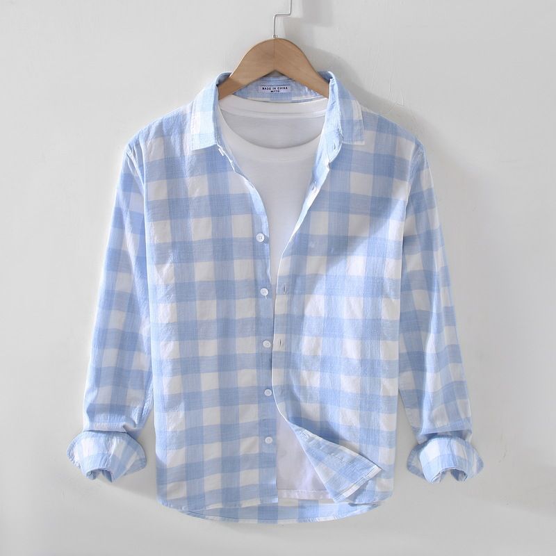 Frühling und Sommer, neues, frisches, kariertes Langarmhemd für Herren, lässig, locker, quadratischer Ausschnitt, trendiges Herrenhemd_voghion.com