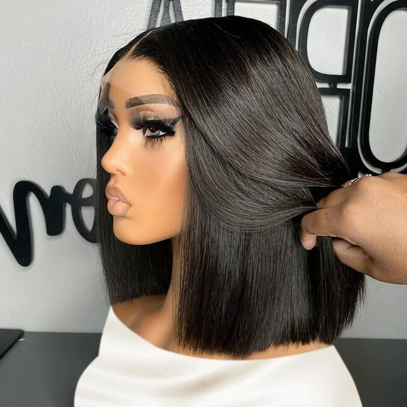 Transparente 13x4 perucas frontais de renda natural preto curto bob reto perucas parte média cabelo remy brasileiro 180% densidade_voghion.com