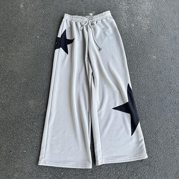 Y2K Streetwear Distressed Flare Pants mit Stern-Patches - Hoch taillierte Polyesterhose mit weitem Bein für Frauen, Punk-Ästhetik, Grau"_voghion.com