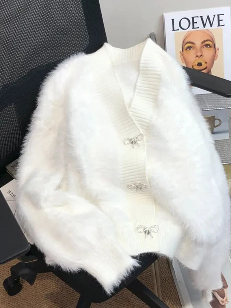 Elegant imitasjon mink strikket cropped topp kvinnelig koreansk vår høst Chic myk cardigan slank fritidsstrikk sløyfe_voghion.com