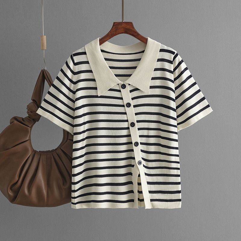 T-shirt d'été à manches courtes et col polo rayé MM pour femme_voghion.com