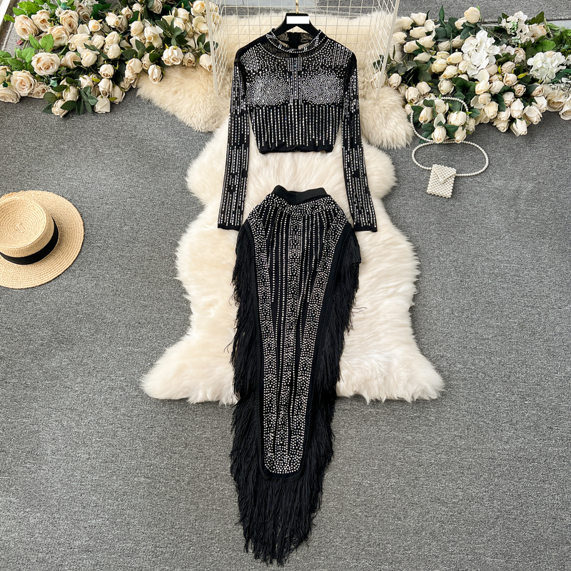Women's Clothing Celebrity temperament suit fashion long sleeved top niche hot diamond slim fit versatile tassel skirt two piece suit_voghion.com