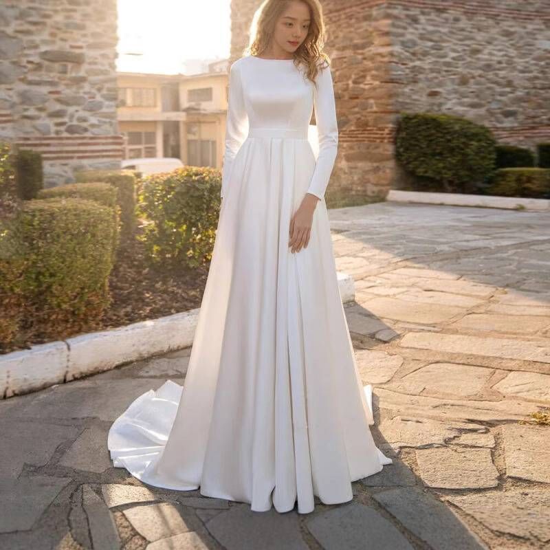 Damenbekleidung Satin Hochzeitskleid Muslim Brautkleid Lange Ärmel Bodenlang Schleppe A Linie_voghion.com