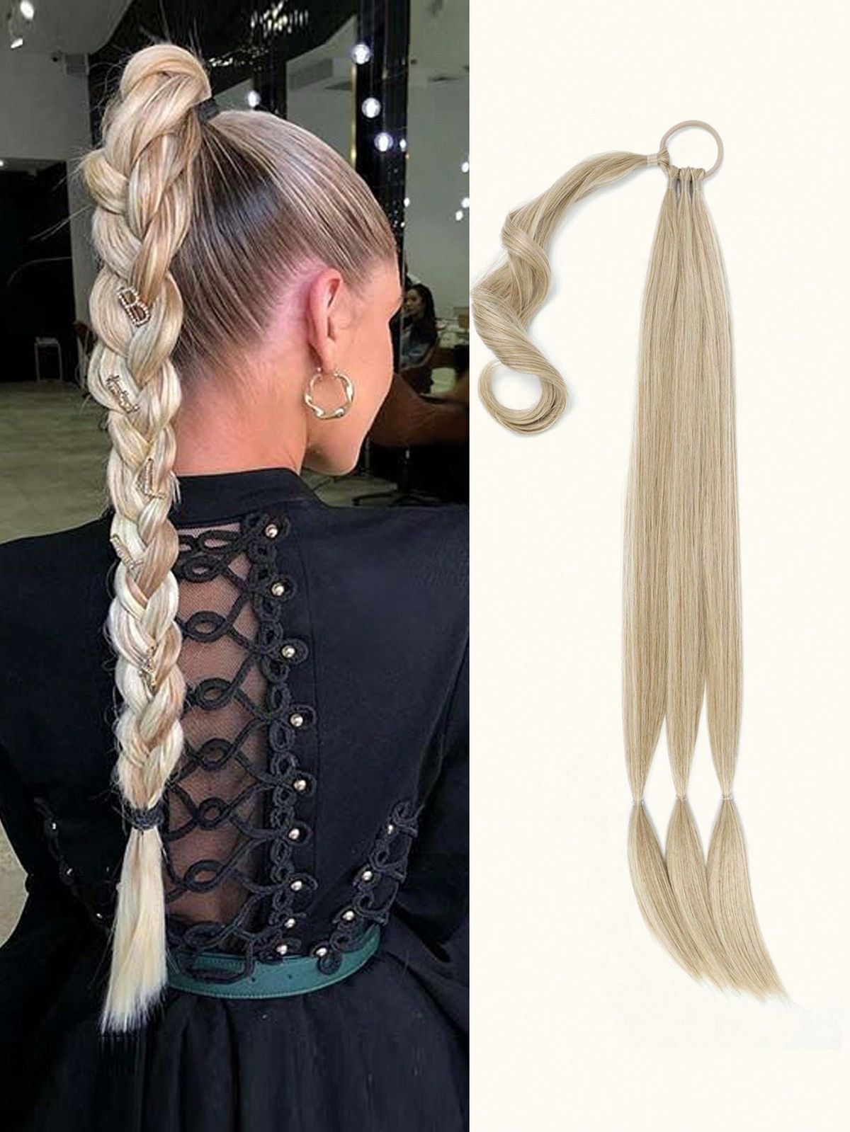 Prodlužování s gumičkou, rovné, elegantní omotávka kolem vlasů, prodloužení vlasů, culík, přírodní měkký syntetický příčesek_voghion.com