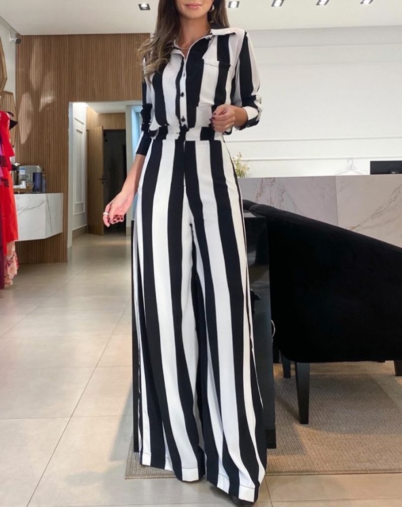 Women's casual fashion striped pocket design shirt wide leg trouser suit_voghion.com