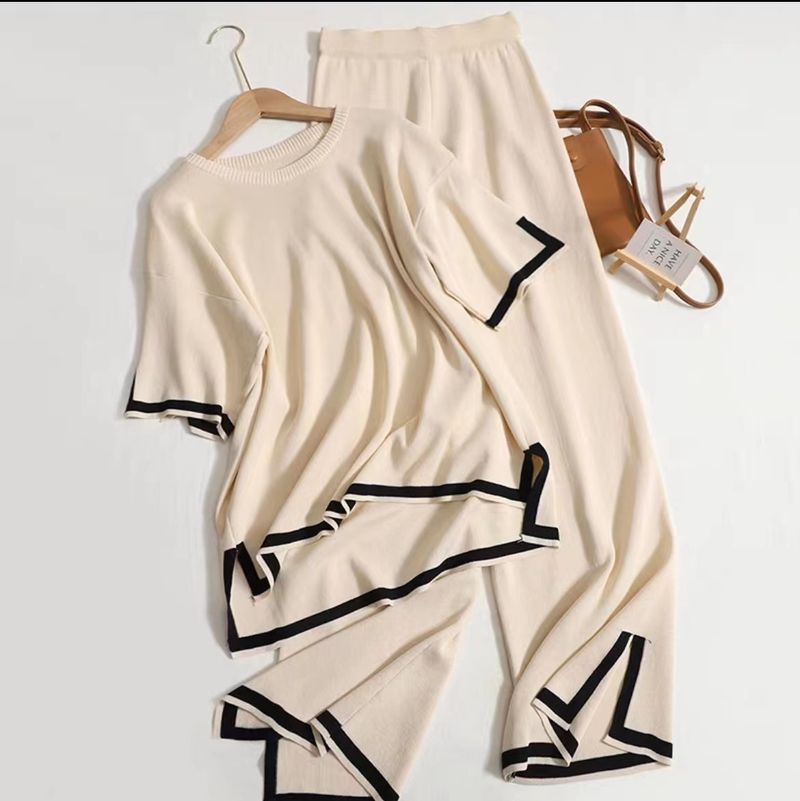Damen-Freizeitanzug, Temperament, Kontrastfarbe, Schlitz, kurzärmeliger Pullover + hohe Taille, schlanke Hose mit weitem Bein, zweiteiliges Set_voghion.com