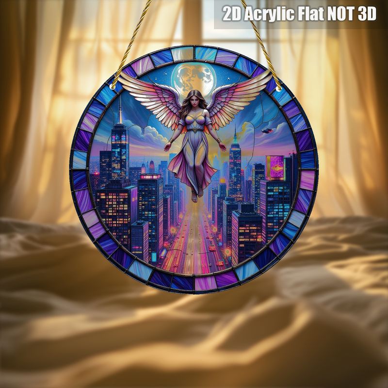 8x8in Cyberpunk Angel Suncatcher - Glowing Cityscape Acrylic Art For Modern Home & Office Decor_voghion.com