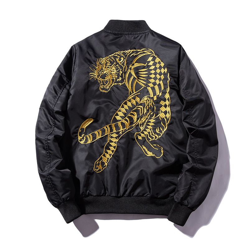 Men's Clothing Men's Tiger Embroidered Baseball Jacket - Stylish Slim Fit Zip-Up Windbreaker With Stand Collar, Lightweight & Warm Options (Black)​_voghion.com