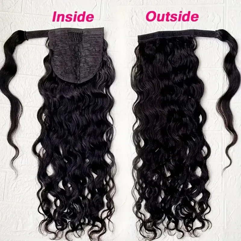 Coda di cavallo riccia con onde d'acqua in capelli umani, pezzo di capelli naturali Remy brasiliani con pasta magica, colore nero naturale per le donne_voghion.com