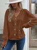 Women's solid color button-down V-neck loose long-sleeved T-shirt_voghion.com