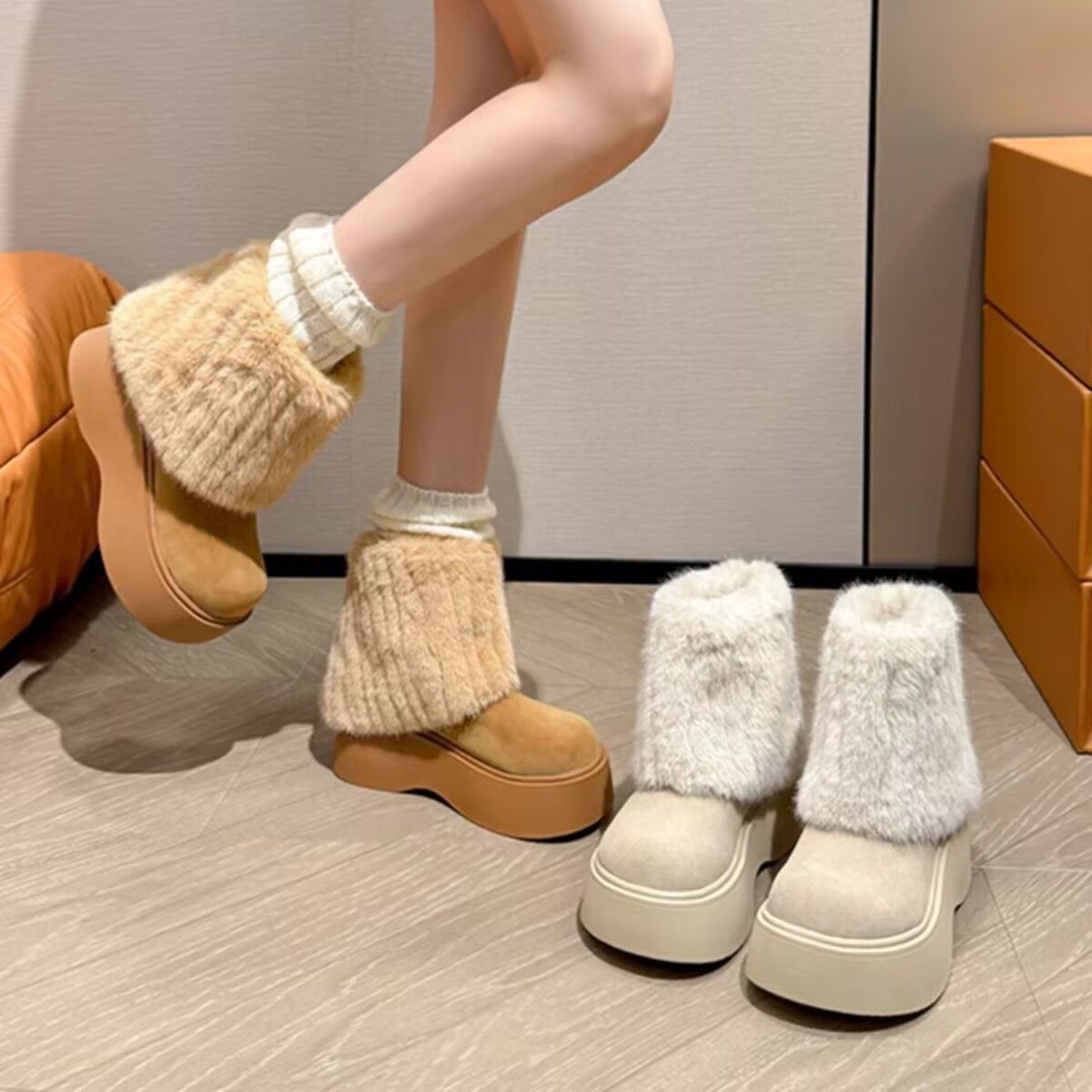 Stivali da neve da donna, stile stivale corto, tacco sottile, suola spessa, foderati in pelliccia, caldi_voghion.com