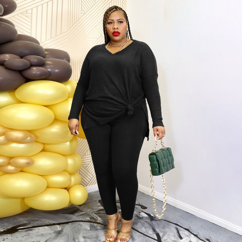 22505 Ny klar V-hals todelt løs afslappet kvinders plus størrelse sæt_voghion.com