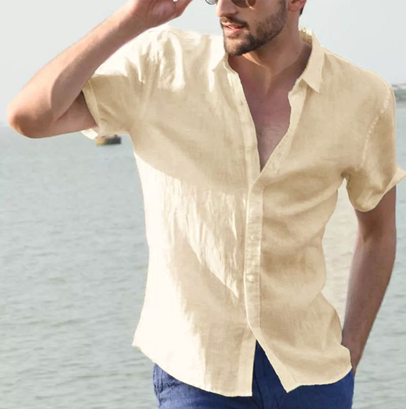 Herrenbekleidung 2025 Neue europäische und amerikanische Sommer-Kurzarmoberteile Lässige Strickjacke Außenhandel Herrenhemd Einfarbiges Herrenhemd_voghion.com