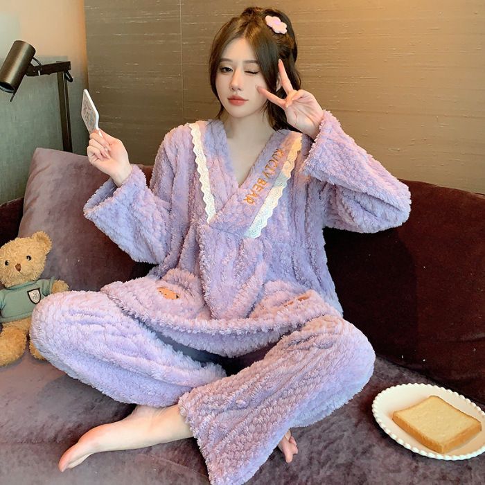 Long sleeved and long pants with fluffy sleepwear women in winter, sweet princess style, size 230 pounds plus fat M home_voghion.com
