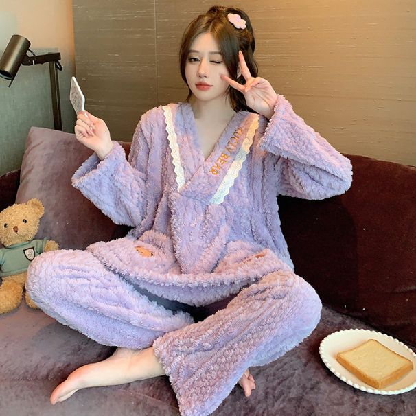 Long sleeved and long pants with fluffy sleepwear women in winter, sweet princess style, size 230 pounds plus fat M home_voghion.com