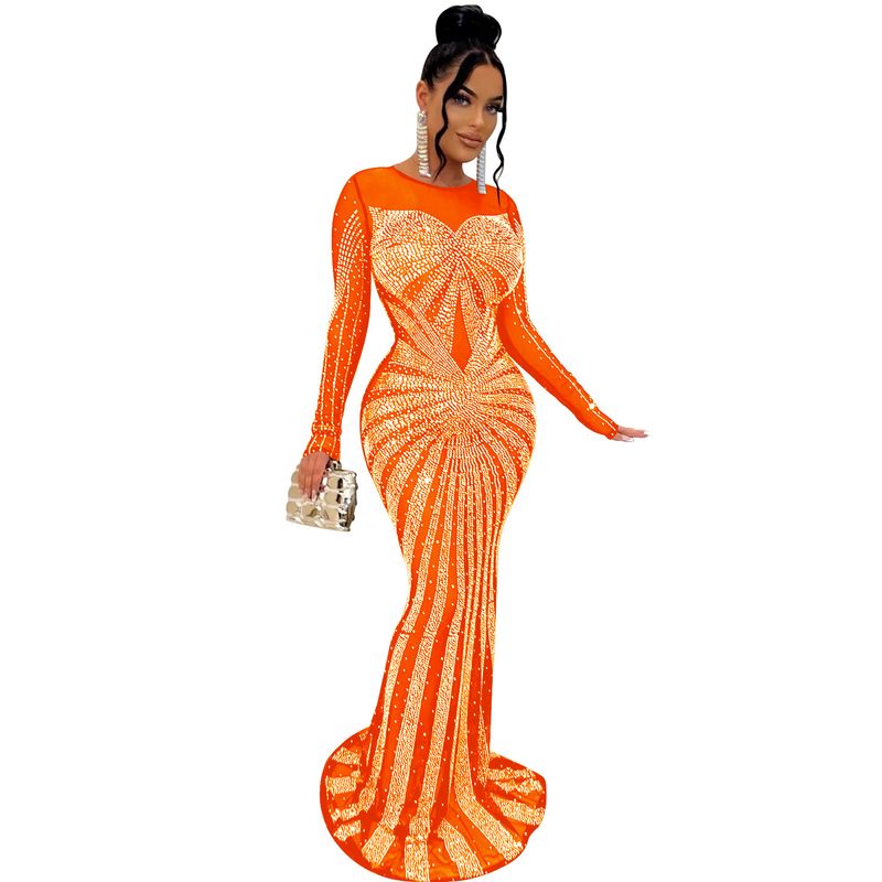 Damenmode Damen einfarbiges Mesh-Perspektive-Strass-Langarmkleid_voghion.com