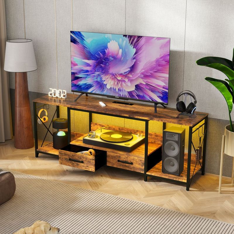 TV Stand With LED Lights Power Outlets - TV Stand With Fabric Drawers For 65 70 75 Inches TV - Entertainment Center And Industrial TV Console Table_voghion.com