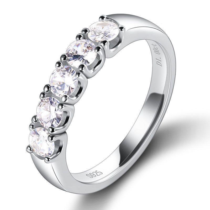 Modischer Moissanit in D-Farbe für Damen, Sterlingsilber, plattiert, schlicht, vielseitig, 5-reihiger Diamantring_voghion.com