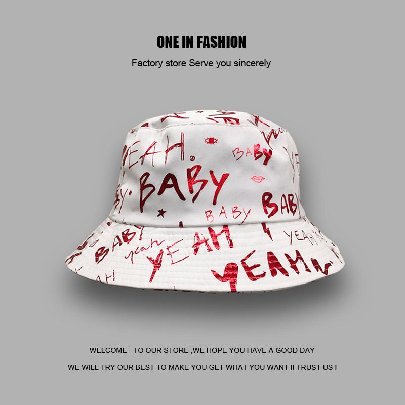 White Bucket Hat Female Street Trendy Male Bronzing Letter Printing Sunscreen Sunshade Basin Hat_voghion.com