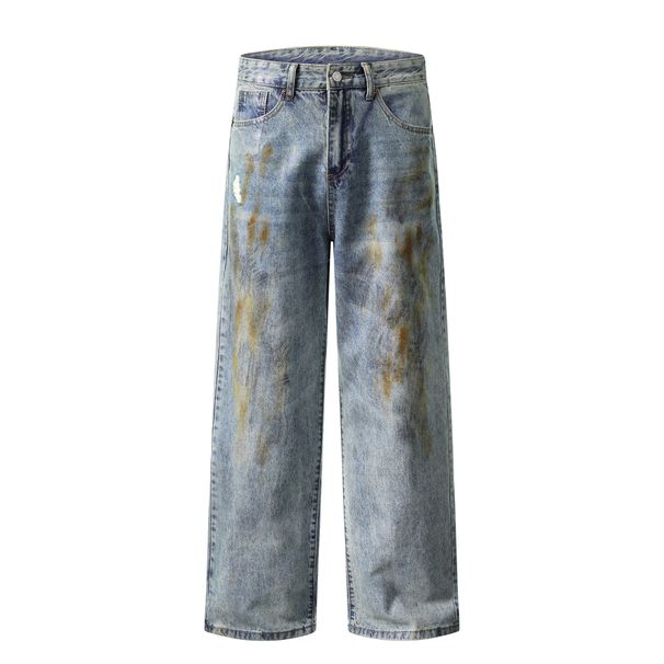 Odzież męska High Street Washed Waxed Old Dirty Straight Jeans Mężczyźni i kobiety Retro Vibe Loose Trousers_voghion.com