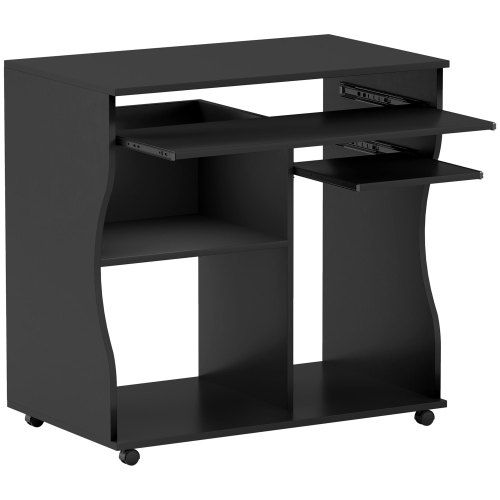 HOMCOM Computertisch Schreibtisch Mit Rollen Bürotisch Mit Tastaturablage, Ablage, PC Tisch Schwarz 80 X 48 X 75 Cm_voghion.com
