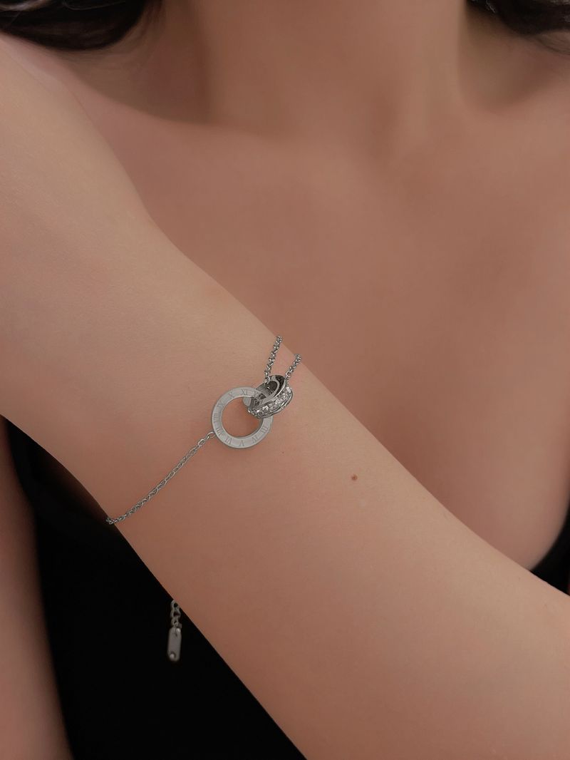 Fashionable Double Circle Design Roman Numerals & Cubic Zirconia Simple Bracelet For Women Gift_voghion.com