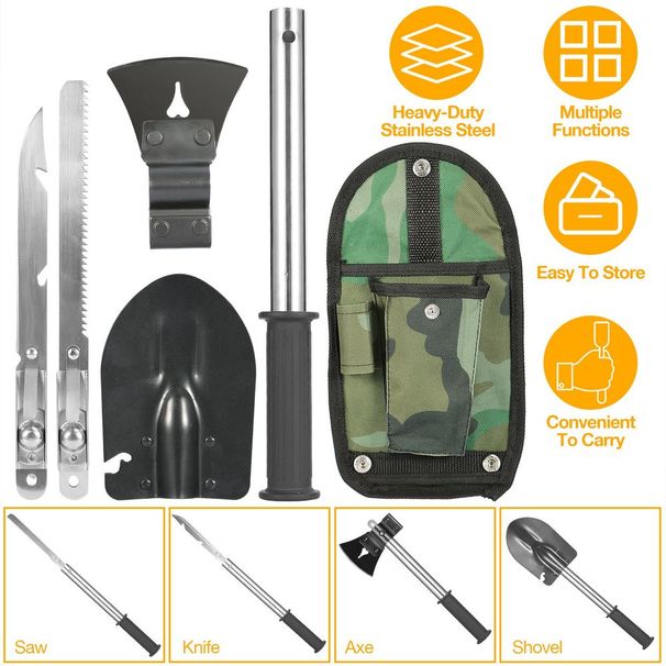 6-in-1 Multi Tool Survival Kit Shovel Knife Axe Saw Nail Puller W/ Pouch Outdoor Gear Camping_voghion.com