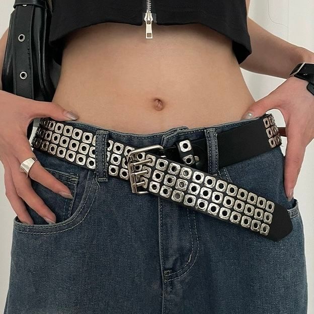 Gothic dark style hollowed out with rivets, punk versatile belt, neutral y2k metal non perforated full hole belt_voghion.com
