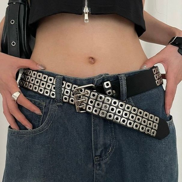 Gothic dark style hollowed out with rivets, punk versatile belt, neutral y2k metal non perforated full hole belt_voghion.com