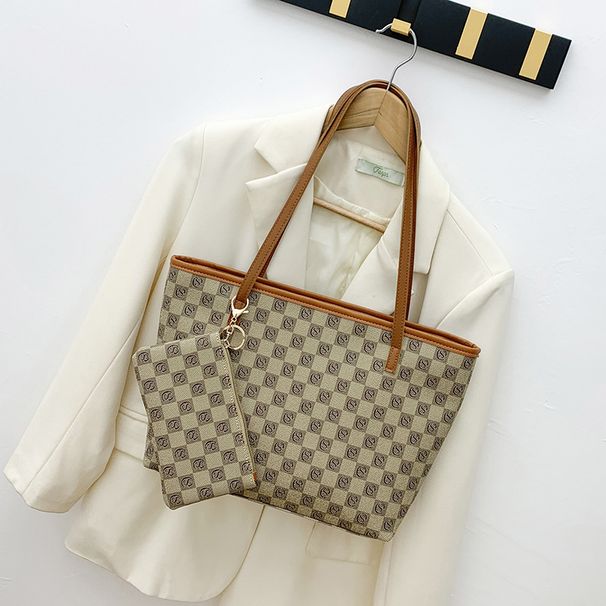Women's Matching Tote & Wallet Set - Oversized 18L Checkerboard Bag + Coin Purse (Waterproof Polyester)_voghion.com