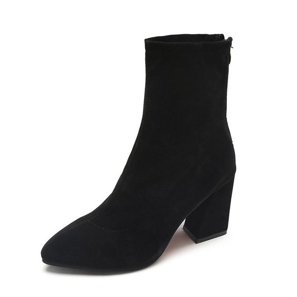 2025 Autumn Winter New Thick Pointed Toe Suede Short Women High Heel Stretch Slim Fashion Boots_voghion.com