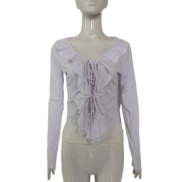 Damenbekleidung, Langarmbluse zum Binden vorne und Rüschensaum – Sexy V-Ausschnitt-Crop-Top für Damen, Slim Fit, Y2K-Ästhetik in Weiß und Schwarz_voghion.com