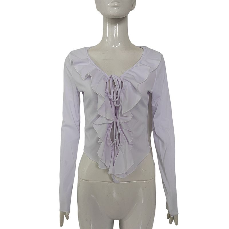 Camicetta da donna a maniche lunghe con orlo a balze e nodo sul davanti - Top corto sexy con scollo a V per donna, vestibilità slim, estetica Y2K in bianco e nero_voghion.com