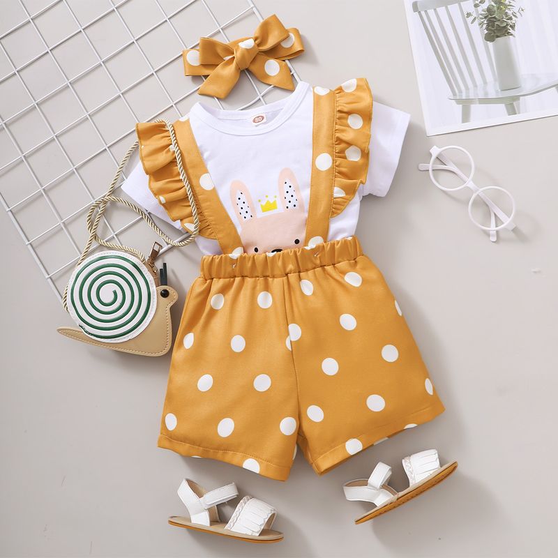 Mutter & Kinder Mädchen Frühling und Sommer Koreanische Neue Beliebte Bunny Print Kurzarm T-shirt Polka Dot Trägerhose Stirnband Drei-stück Set_voghion.com