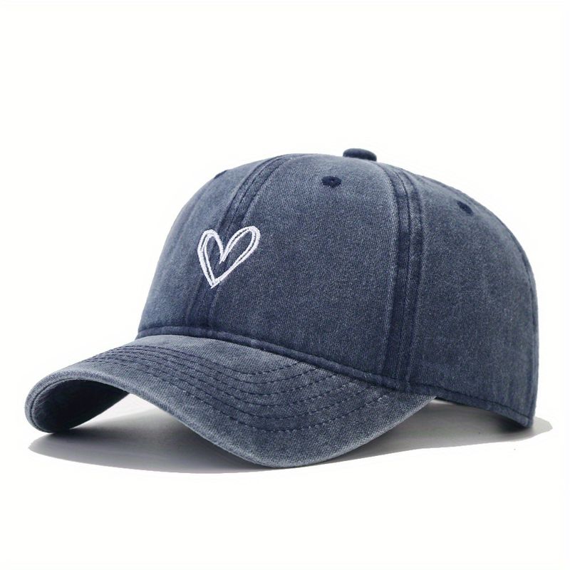Boné de beisebol simples vintage lavado com coração bordado chapéu de pai aba curva chapéus de sol ajustáveis_voghion.com