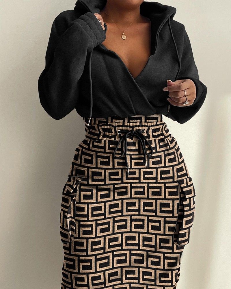 Women's fall/winter new drawstring long-sleeved commuter belted V-neck dress_voghion.com