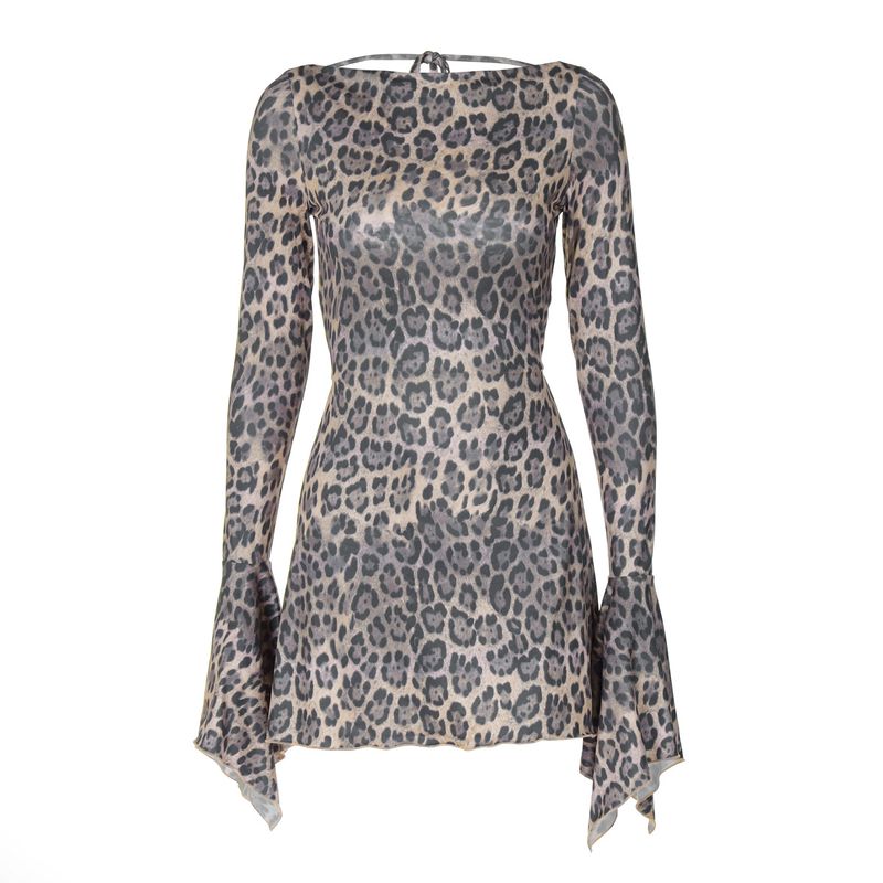 Women's Clothing 2024 Early Autumn Sexy Long Sleeved Slim Fit Classic Leopard Print Dress Versatile Design Sense Lace Up_voghion.com