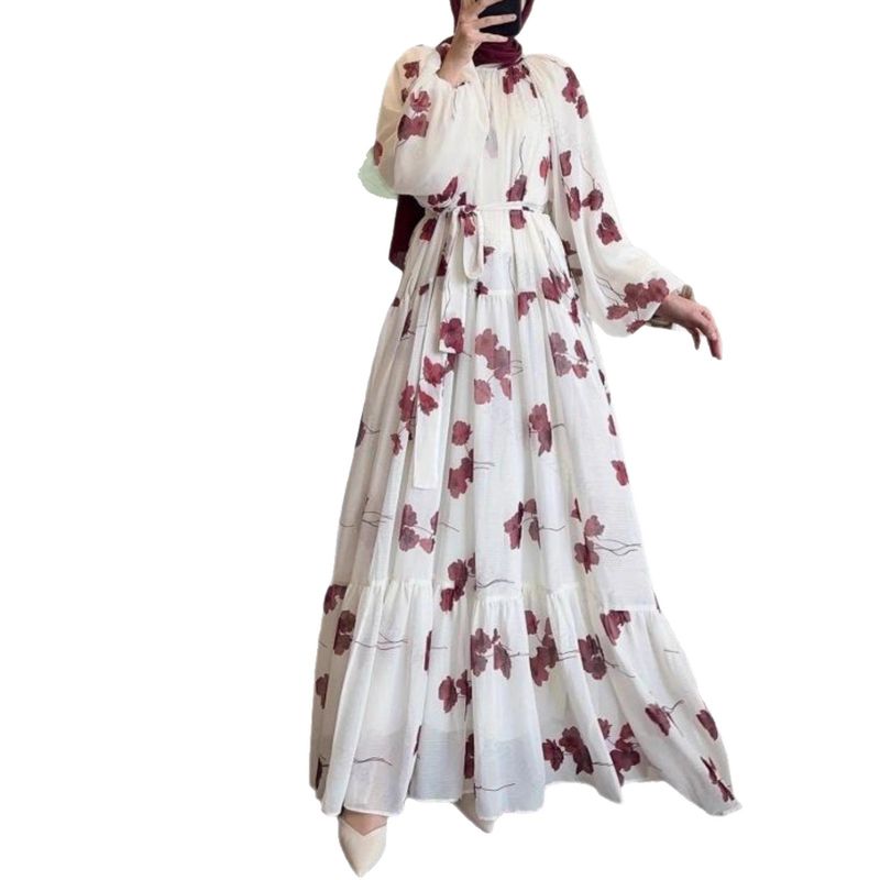 Vestido maxi floral elegante com cinto – estilo boêmio francês, mangas compridas e design em camadas – vestido modesto para mulheres muçulmanas (disponível em vermelho tijolo)_voghion.com