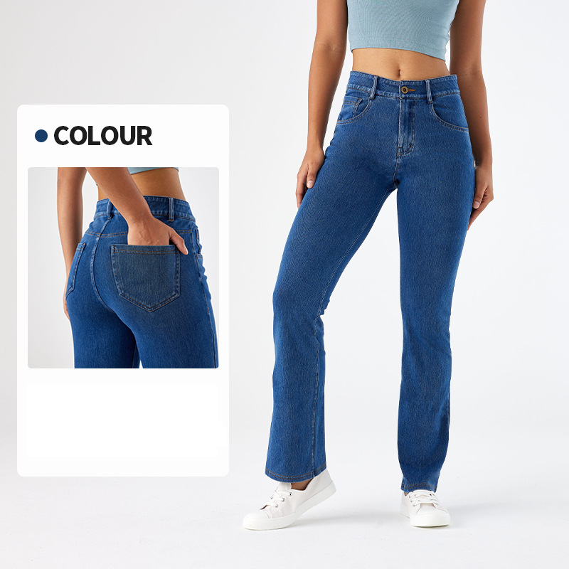 Damenbekleidung Neue hochelastische Schlaghose aus Denim für Yoga und Damen zum Abnehmen der Hüfte mit Reißverschlusstasche und Fitness-Oberbekleidung, Freizeithose_voghion.com
