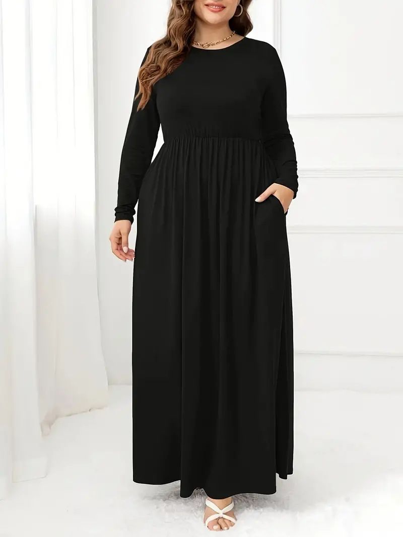 Plus Size Solid Color Dress Europäische und amerikanische lässige Taille Langarm Rundhals Plus Langes Kleid_voghion.com