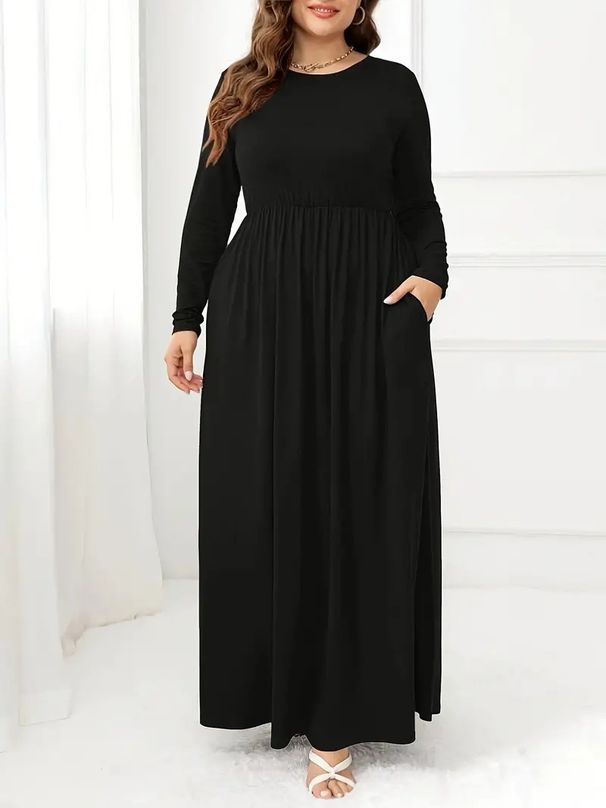 Plus Size Solid Color Dress Europäische und amerikanische lässige Taille Langarm Rundhals Plus Langes Kleid_voghion.com