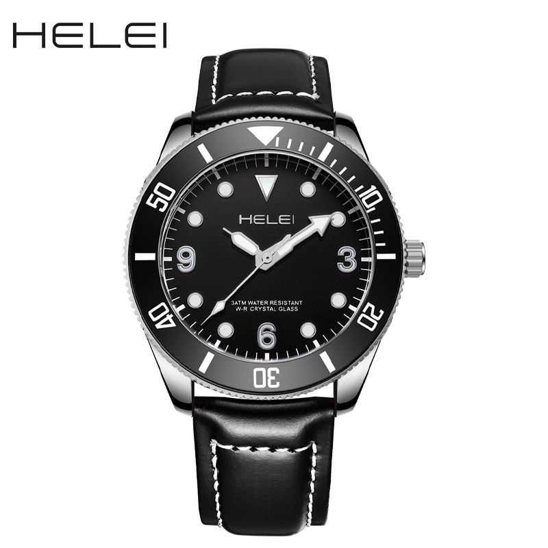 Montre à quartz HELEI pour homme, haute performance, en cuir véritable, étanche, tendance, non mécanique_voghion.com