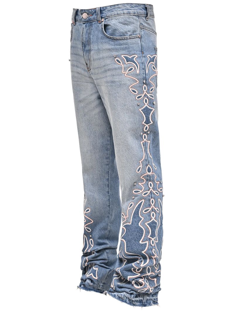 Herrenbekleidung Herbstliche Gradienten-Jeanshose mit weitem Bein Modische bestickte gerade Hose_voghion.com